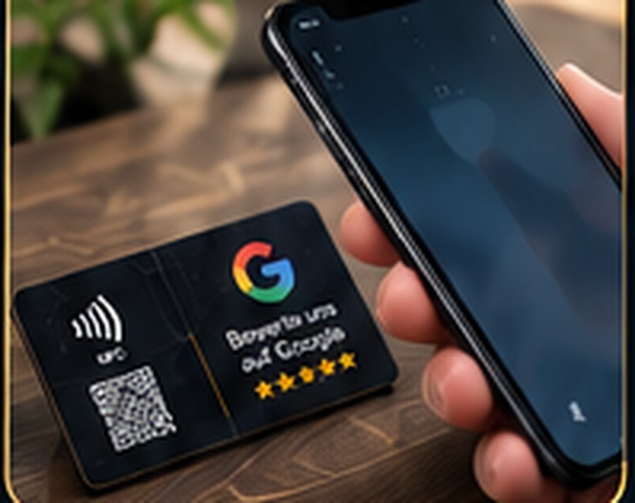Smartphone wird an eine auf einem Tisch platzierte tap2review Karte gehalten